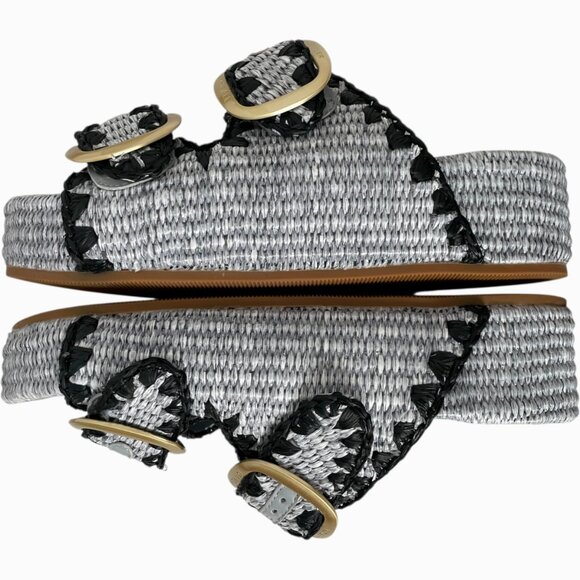 Loeffler Randall Theo Sandal 7 Blue Black Raffia Woven Platform Slide - Picture 6 of 12